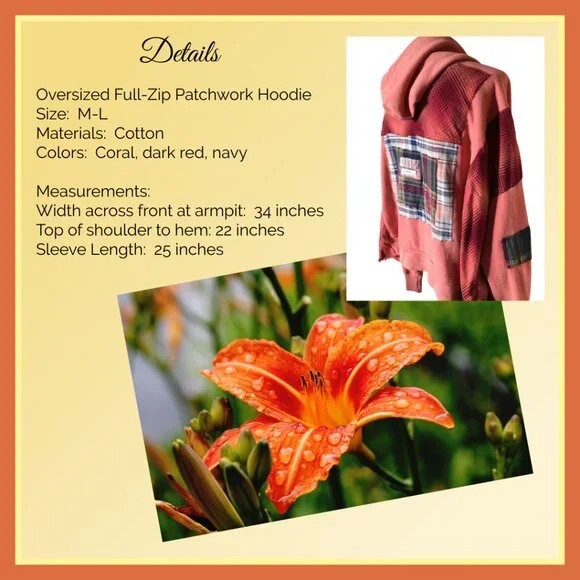 Coral Patchwork Upcycled Hoodie, Size M-L: Boho Cottagecore Zip-Up Jacket - Picture 5 of 15
